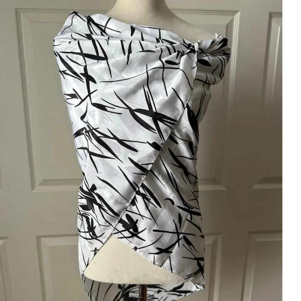 Leaf Print Oversized‎ Lightweight Silky Scarf Wrap Black White Minimalist Artsy